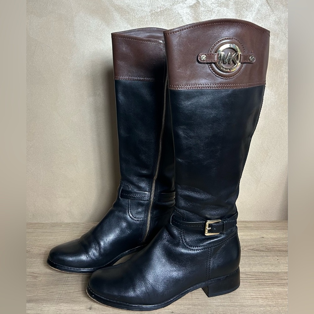 Michael Kors Stockard Two Tone Black Brown Leather Riding Boot Women Size 7.5M
